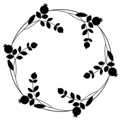 Wall Mural - Round floral frame with blooming flower branches. Wreath with fruits or berries. Folk style. Black silhouette on white background.