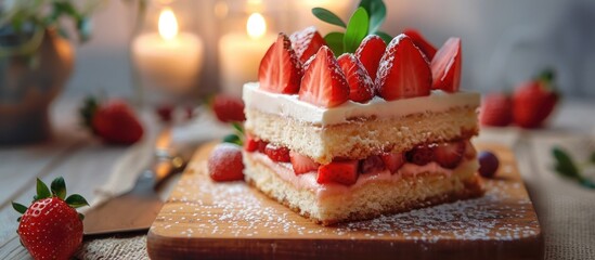 Wall Mural - A slice of cake with a generous topping of ripe strawberries adding a burst of color and freshness.