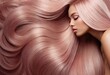 Salon hair coloring. Fashion Latin woman with curly shiny pink hair as background. Beauty and hair care concept. Banner with copy space. Ai generation