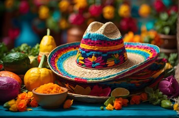 Cinco de Mayo, sombrero rests on a table next to a bowl of green limes