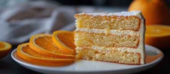 Wall Mural - A slice of orange-flavored sponge cake sits elegantly on top of a white plate.