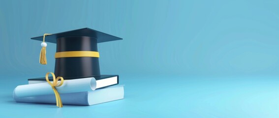Wall Mural - graduation cap and diploma on blue background for education concept design with copy space Generative AI