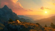 A Serene Campsite With A Tent Situated On A Mountain Ridge, Illuminated By The Warm Colors Of The Setting Sun Attractive Look