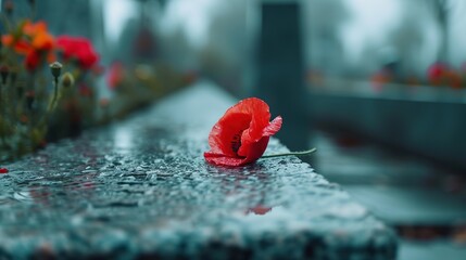 Wall Mural - Cinematic close-up shot of a vibrant red poppy resting gracefully on a war memorial, framed by the solemnity of the monument, echoing the sacrifices made for freedom