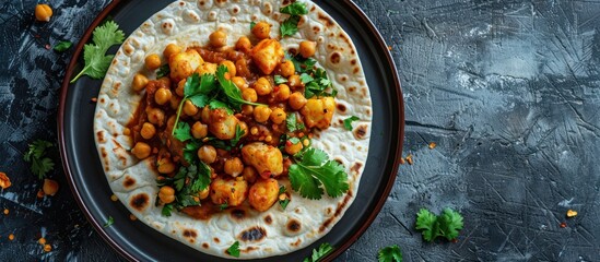 Wall Mural - A tortilla topped with chickpeas and fresh cilantro leaves, creating a flavorful and nutritious meal.