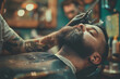 A skilled barber meticulously grooms a man's mustache in a chair, showcasing precision and expertise in facial hair styling