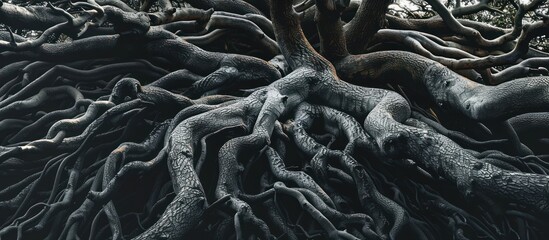 A very large tree with an extensive root system visible above the ground, illustrating its strong anchorage and support.