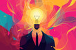 Visionary businessman with a lightbulb for a head generates groundbreaking ideas, surrounded by vibrant, abstract shapes that represent the boundless potential of workplace innovation and creativity