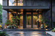 Modern house entrance with a wooden door and glass windows, black stone walls, lush green plants, low angle view. Created with Ai