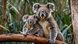 A koala and its joey are sitting on the ground in a eucalyptus forest.

