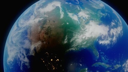 Wall Mural - A 4K 3D Planet Earth simulation concept, visualizing the April 8th, 2024 solar eclipse across North America, as seen from high in orbit above planet Earth, with city lights revealed by the shadow. HDR
