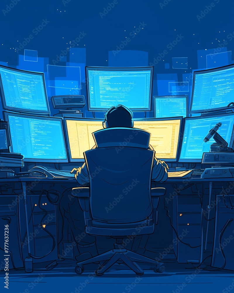 Sketch a programmer coding late at night, surrounded by multiple ...
