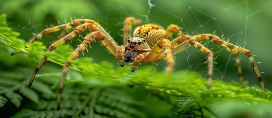 A detailed view of a spider diligently spinning a web on a leaf in a macro shot, showcasing the intricate process of silk production.