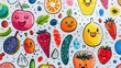 A whimsical, hand-drawn nutrition diary with food doodles and mood icons, marked by colorful bookmarks symbolizing emotions
