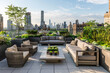 A rooftop patio with a view of the city skyline