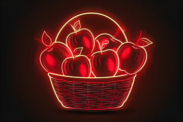 Wall Mural - Neon apple basket illustration isolated on black background