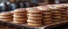 A Tray Filled With A Variety Of Sugar Cookies, Each Topped With Colorful Sprinkles, Ready To Be Enjoyed.