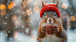  A cute squirrel wearing a red hat and holding a hot coffee cup in winter. Created with Ai