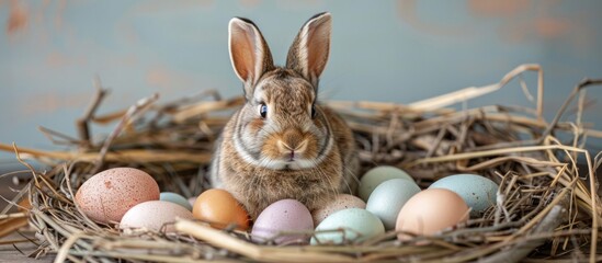 Wall Mural - A rabbit perched inside a nest containing eggs.