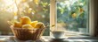 A basket filled with vibrant lemons sits next to a cup of coffee on a windowsill.
