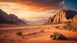 Desert valley panorama landscape at sunset. Beautiful rock desert valley at summer.