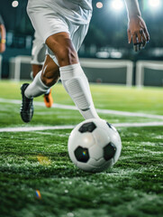 International football player wearing shin guards and cleats positions himself behind a soccer ball on a grass field in big athletic stadium and prepares to kick off professional championship game