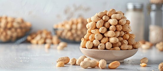 Wall Mural - A wooden bowl stacked with raw shelled peanuts placed on top of a table.