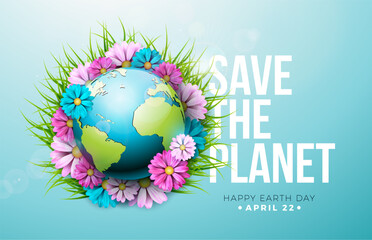 Wall Mural - Save the Planet. Happy Earth Day Illustration with Spring Flower on Blue Background. World Map on April 22 Environmental and Eco Concept with Typography Lettering. Vector Design for Postcard, Banner