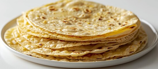 Wall Mural - A white plate filled with multiple tortillas neatly stacked on top of each other.