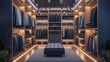 Use AI to illustrate a lavish closet interior with a focus on grey-toned clothing items, elegantly arranged on shelves for a sophisticated look attractive look