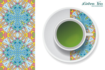 Cup of green tea with doodle ornament on a saucer and hand drawn seamless floral pattern. Business coffee break or tea time concept, interior background. Isolated cup and plate decor elements