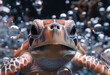 A close up of an underwater turtle surrounded by bubbles, in the style of National Geographic photo. Created with Ai