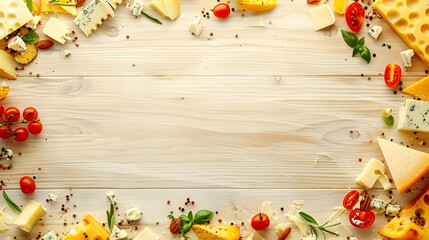 Wall Mural - wooden white board assorted cheeses and vegetables with space for text