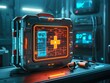 Smart first aid box with AI powered diagnostics tools, illuminated on a futuristic medical workstation