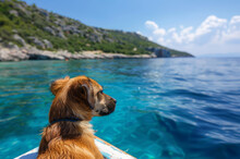 Dog Enjoying A Boat Ride On A Clear Blue Sea With A Mountainous Coastline In The Background