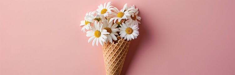 Canvas Print - beautiful small bouquet of daisies in an ice cream cone isolated on solid background