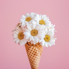 Canvas Print - beautiful small bouquet of daisies in an ice cream cone isolated on solid background