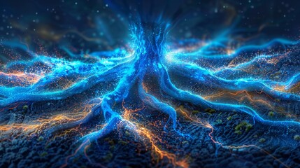 Wall Mural - Blue energy roots imbued with energy, abstract background illustration of a tree in the dark