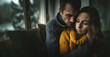 Banner of worried male embracing to desperate female at home