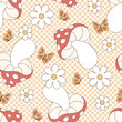 Retro groovy mushroom fly agaric with daisy flowers and butterfly on checkerboard vector seamless pattern. Hand drawn natural organic healthy food vegetables fruit floral background.