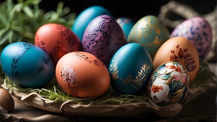 Wall Mural - easter eggs in a basket