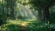 A mystical forest inhabited by ancient spirits and magical creatures, with enchanted groves and hidden clearings where faeries dance and unicorns 