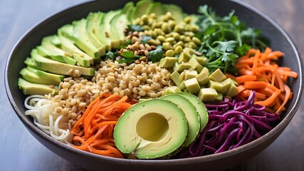 Wall Mural - Tofu, avocado, veggies, and glass noodles make up this vegan Buddha bowl.