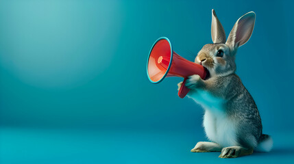 Wall Mural - easter bunny holding megaphone for business advertisement, promotion, marketing, broadcasting