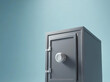 3d rendering image of a dark gray safe box in the center in the air of an empty light blue room.3