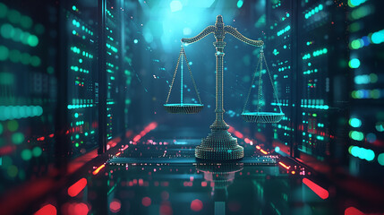 Law scales on background of data center. Digital concept