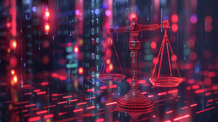 Law scales on background of data center. Digital concept