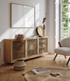 Fototapeta Panele - Home interior mock up, cozy modern room with natural wooden furniture, 3d render