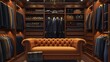 an AI image showcasing the interior of an opulent male wardrobe with a comfortable brown sofa, adorned with an array of high-end suits attractive look