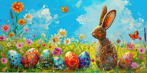 Sticker - A painting of a bunny rabbit amidst Easter eggs and flowers in a natural landscape, with a blue sky dotted with clouds, plants, and green grassland AIG42E